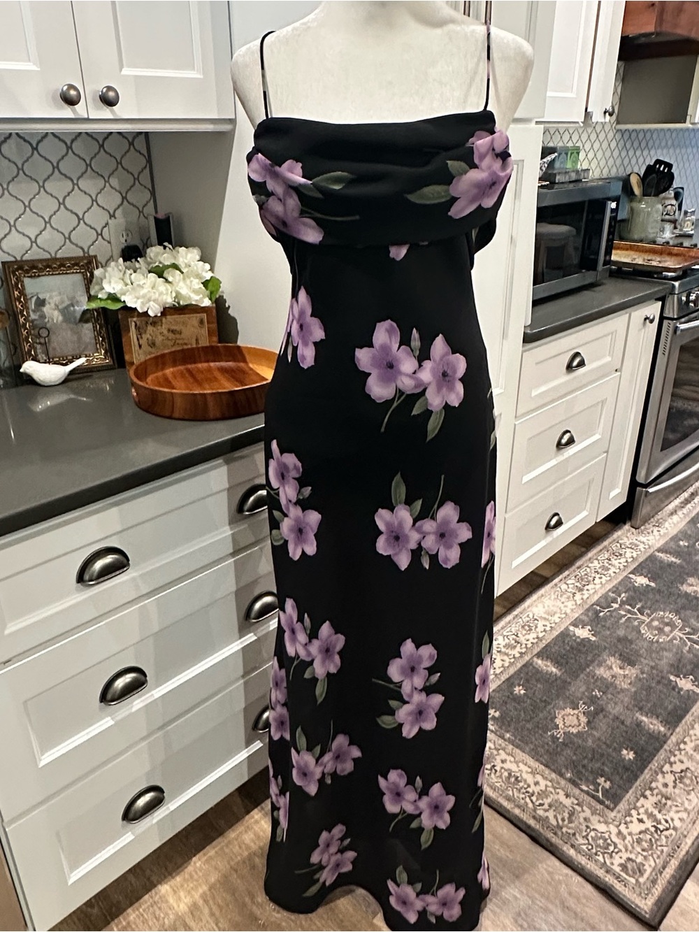 VTG 90s Y2K Floral Cowl Neck Maxi Dress Size M 10 Black Purple Slip Goth Grunge